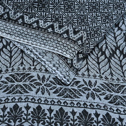 Indian Vintage Black & Gray Saree Printed Pure Cotton Indian Sari Craft Fabric 5Yd Sewing Soft Sarong Wrap Boho Floral Quilting Crafting