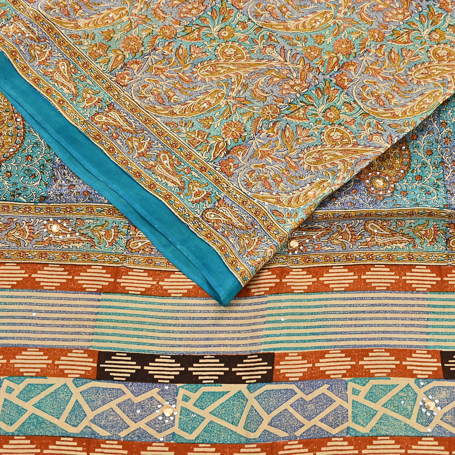 Indian Vintage Sari Beige & Green Pure Crepe Silk Printed Saree 5yard Sewing Quilting Floral Soft Craft Fabric Wrap