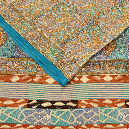 Indian Vintage Sari Beige & Green Pure Crepe Silk Printed Saree 5yard Sewing Quilting Floral Soft Craft Fabric Wrap