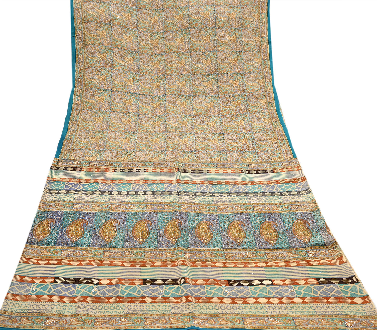 Indian Vintage Sari Beige & Green Pure Crepe Silk Printed Saree 5yard Sewing Quilting Floral Soft Craft Fabric Wrap