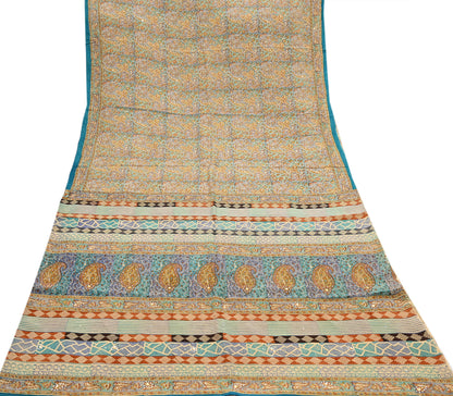 Indian Vintage Sari Beige & Green Pure Crepe Silk Printed Saree 5yard Sewing Quilting Floral Soft Craft Fabric Wrap