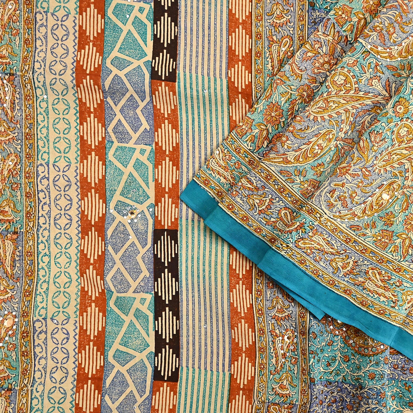 Indian Vintage Sari Beige & Green Pure Crepe Silk Printed Saree 5yard Sewing Quilting Floral Soft Craft Fabric Wrap