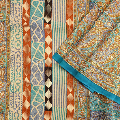 Indian Vintage Sari Beige & Green Pure Crepe Silk Printed Saree 5yard Sewing Quilting Floral Soft Craft Fabric Wrap