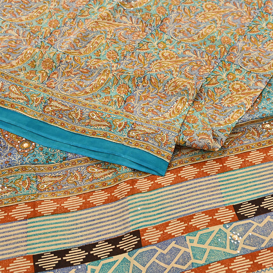 Indian Vintage Sari Beige & Green Pure Crepe Silk Printed Saree 5yard Sewing Quilting Floral Soft Craft Fabric Wrap