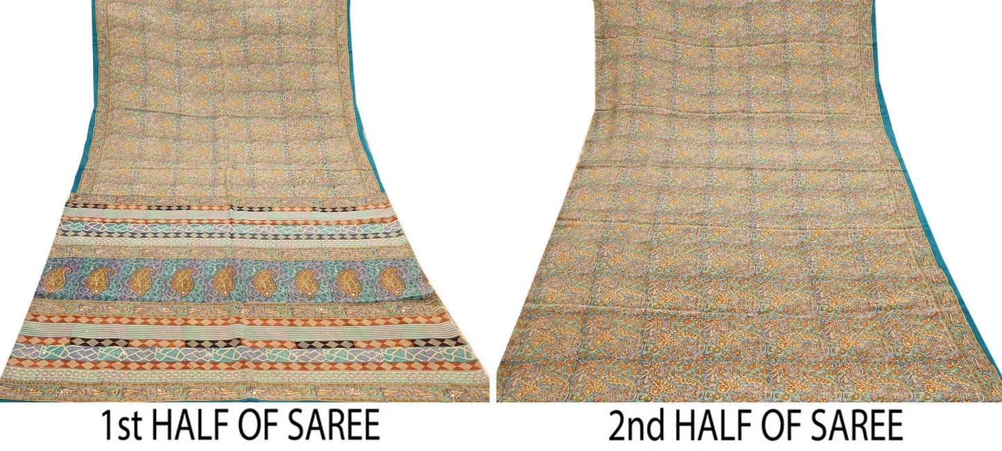 Indian Vintage Sari Beige & Green Pure Crepe Silk Printed Saree 5yard Sewing Quilting Floral Soft Craft Fabric Wrap