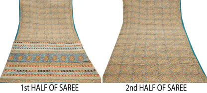 Indian Vintage Sari Beige & Green Pure Crepe Silk Printed Saree 5yard Sewing Quilting Floral Soft Craft Fabric Wrap