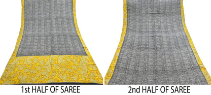 Indian Vintage Gray & Black Saree Pure Crepe Silk Printed Sari Craft Fabric 5yd Sewing Soft Wrap Dress making Crafting Quilting