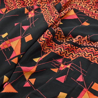 Indian Vintage Sari Black & Red Pure Crepe Silk Block Printed Sarees 5yd Sewing Floral Soft Craft Fabric Wrap Dress making Crafting Quilting