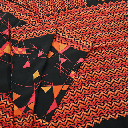 Indian Vintage Sari Black & Red Pure Crepe Silk Block Printed Sarees 5yd Sewing Floral Soft Craft Fabric Wrap Dress making Crafting Quilting