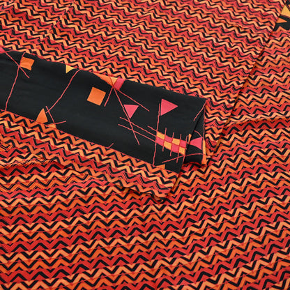 Indian Vintage Sari Black & Red Pure Crepe Silk Block Printed Sarees 5yd Sewing Floral Soft Craft Fabric Wrap Dress making Crafting Quilting