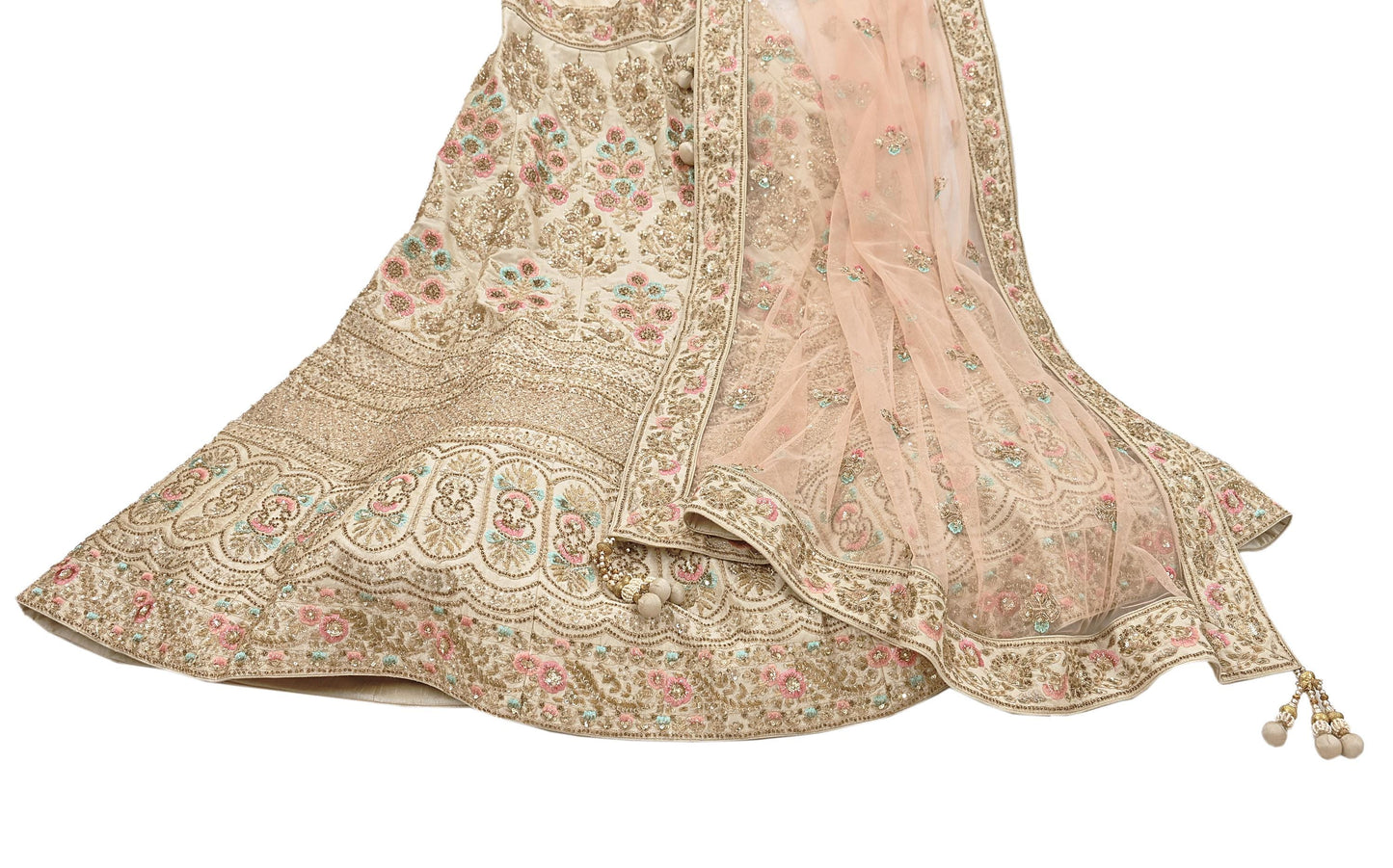 Pre-Owned Abu Jani Beige & Peach Raw Silk Bridal Lehenga 3pc Set, Hand Embroidered Couture Outfit, Designer Wedding Lehenga with Dupatta