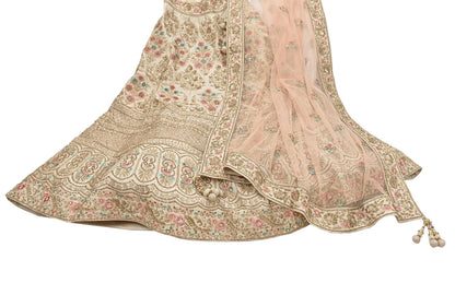 Pre-Owned Abu Jani Beige & Peach Raw Silk Bridal Lehenga 3pc Set, Hand Embroidered Couture Outfit, Designer Wedding Lehenga with Dupatta