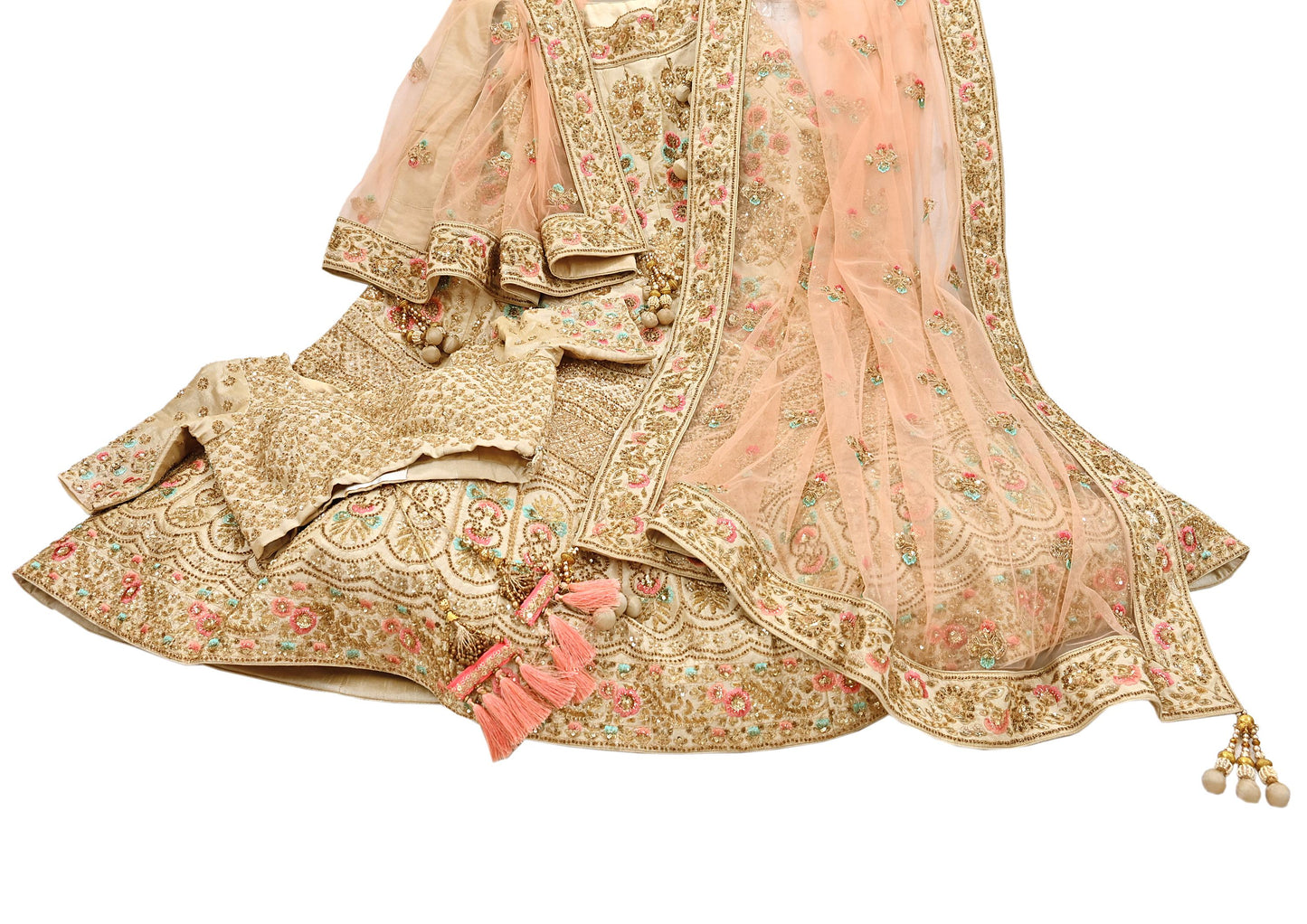 Pre-Owned Abu Jani Beige & Peach Raw Silk Bridal Lehenga 3pc Set, Hand Embroidered Couture Outfit, Designer Wedding Lehenga with Dupatta