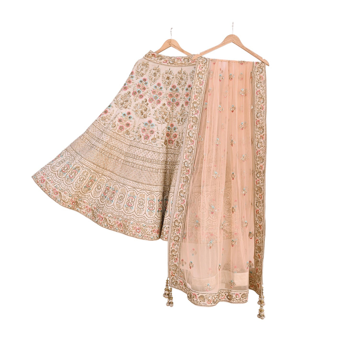 Pre-Owned Abu Jani Beige & Peach Raw Silk Bridal Lehenga 3pc Set, Hand Embroidered Couture Outfit, Designer Wedding Lehenga with Dupatta