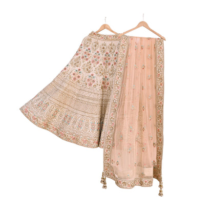 Pre-Owned Abu Jani Beige & Peach Raw Silk Bridal Lehenga 3pc Set, Hand Embroidered Couture Outfit, Designer Wedding Lehenga with Dupatta