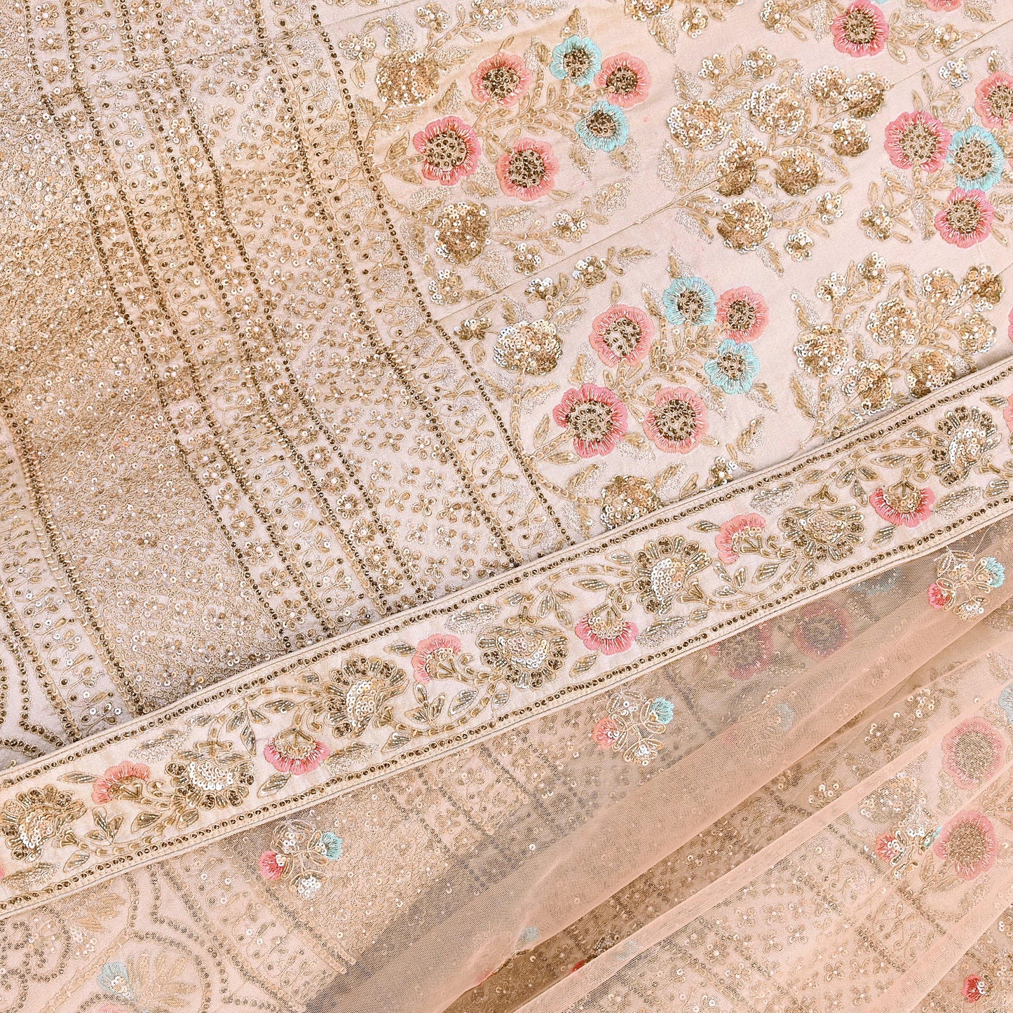 Pre-Owned Abu Jani Beige & Peach Raw Silk Bridal Lehenga 3pc Set, Hand Embroidered Couture Outfit, Designer Wedding Lehenga with Dupatta