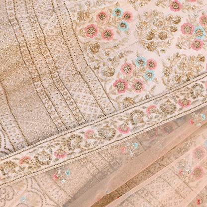 Pre-Owned Abu Jani Beige & Peach Raw Silk Bridal Lehenga 3pc Set, Hand Embroidered Couture Outfit, Designer Wedding Lehenga with Dupatta