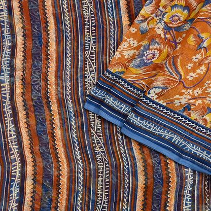 Indian Vintage Sari Saffron Pure Chiffon Silk Printed Sarees Craft Fabric Sewing 5Yd Soft Light Sari Dress Making Quilting Upcycle Crfating