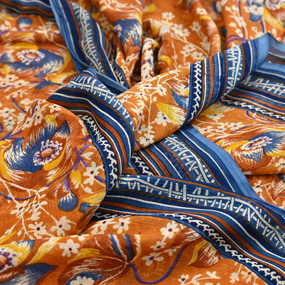 Indian Vintage Sari Saffron Pure Chiffon Silk Printed Sarees Craft Fabric Sewing 5Yd Soft Light Sari Dress Making Quilting Upcycle Crfating