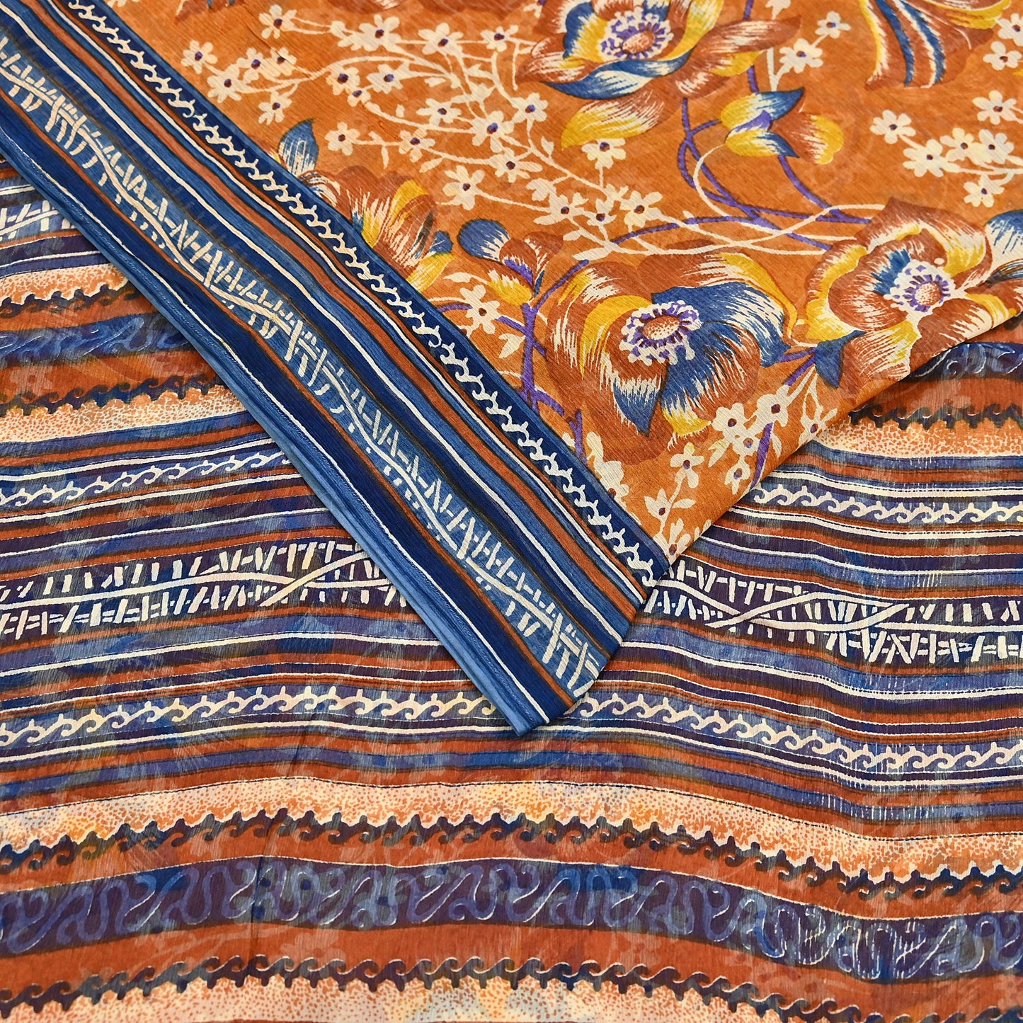 Indian Vintage Sari Saffron Pure Chiffon Silk Printed Sarees Craft Fabric Sewing 5Yd Soft Light Sari Dress Making Quilting Upcycle Crfating