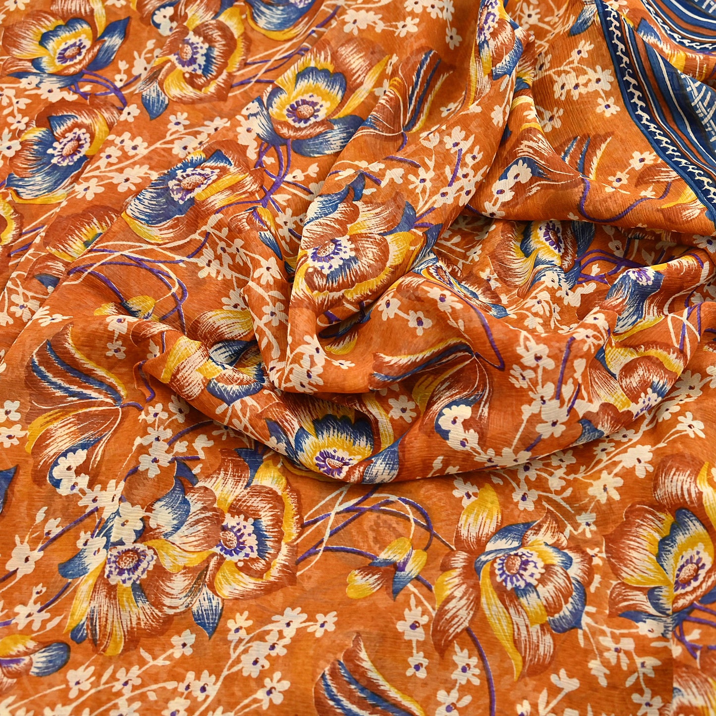 Indian Vintage Sari Saffron Pure Chiffon Silk Printed Sarees Craft Fabric Sewing 5Yd Soft Light Sari Dress Making Quilting Upcycle Crfating