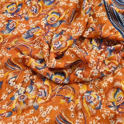 Indian Vintage Sari Saffron Pure Chiffon Silk Printed Sarees Craft Fabric Sewing 5Yd Soft Light Sari Dress Making Quilting Upcycle Crfating