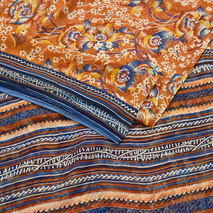 Indian Vintage Sari Saffron Pure Chiffon Silk Printed Sarees Craft Fabric Sewing 5Yd Soft Light Sari Dress Making Quilting Upcycle Crfating
