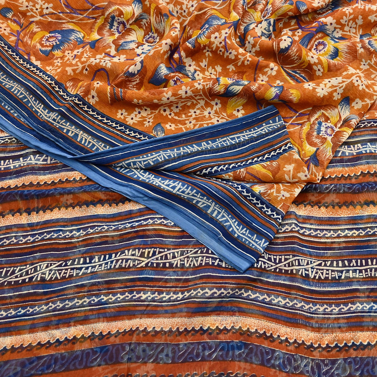 Indian Vintage Sari Saffron Pure Chiffon Silk Printed Sarees Craft Fabric Sewing 5Yd Soft Light Sari Dress Making Quilting Upcycle Crfating