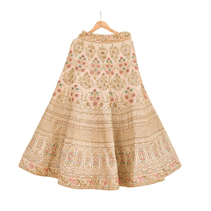 Pre-Owned Abu Jani Beige & Peach Raw Silk Bridal Lehenga 3pc Set, Hand Embroidered Couture Outfit, Designer Wedding Lehenga with Dupatta