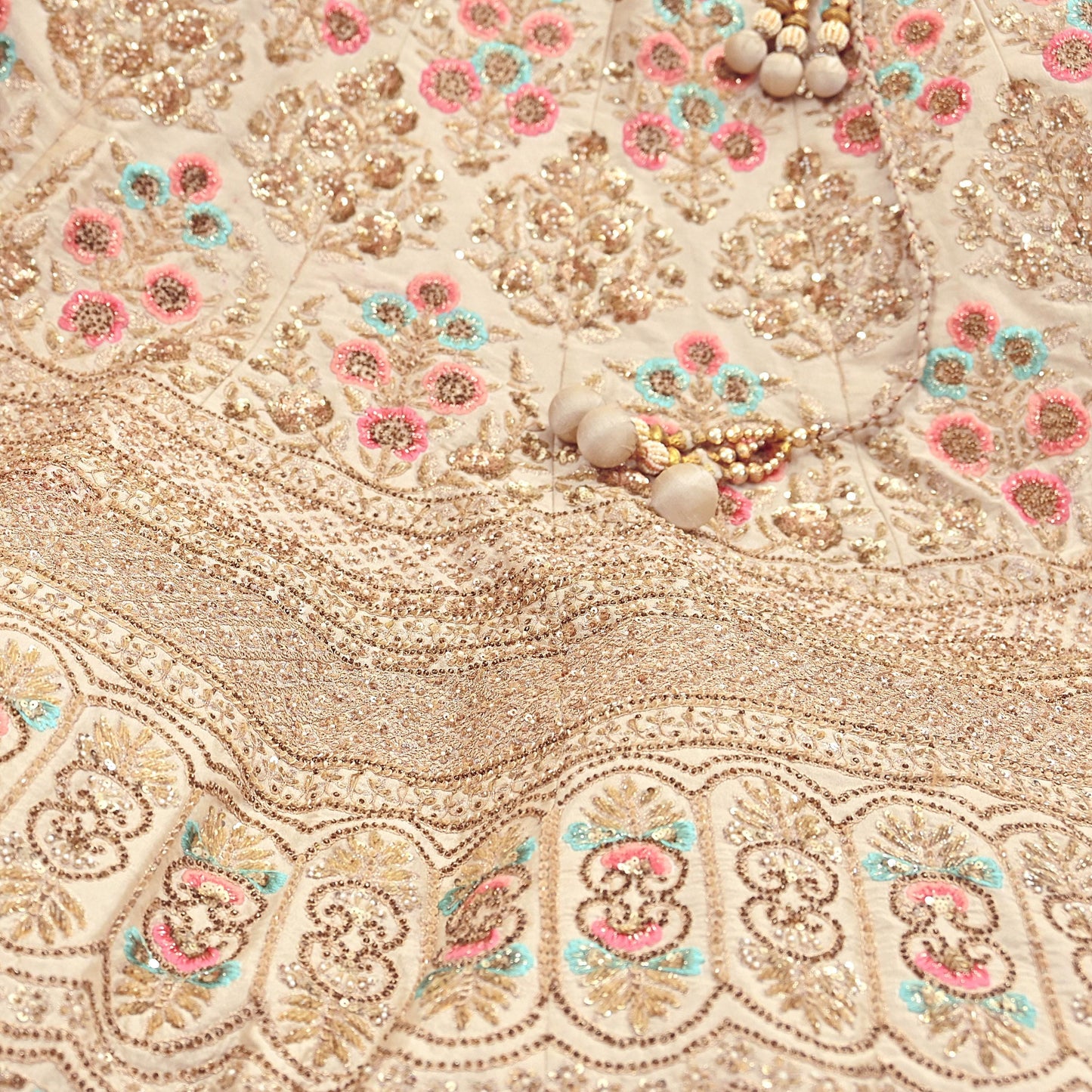 Pre-Owned Abu Jani Beige & Peach Raw Silk Bridal Lehenga 3pc Set, Hand Embroidered Couture Outfit, Designer Wedding Lehenga with Dupatta