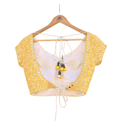 Indian Pre-owned Yellow & Ivory Raw Silk Hand Embroidered By Designer Abu Jani Blouse/Top/Crop 34 M Size Party wear Bollywood