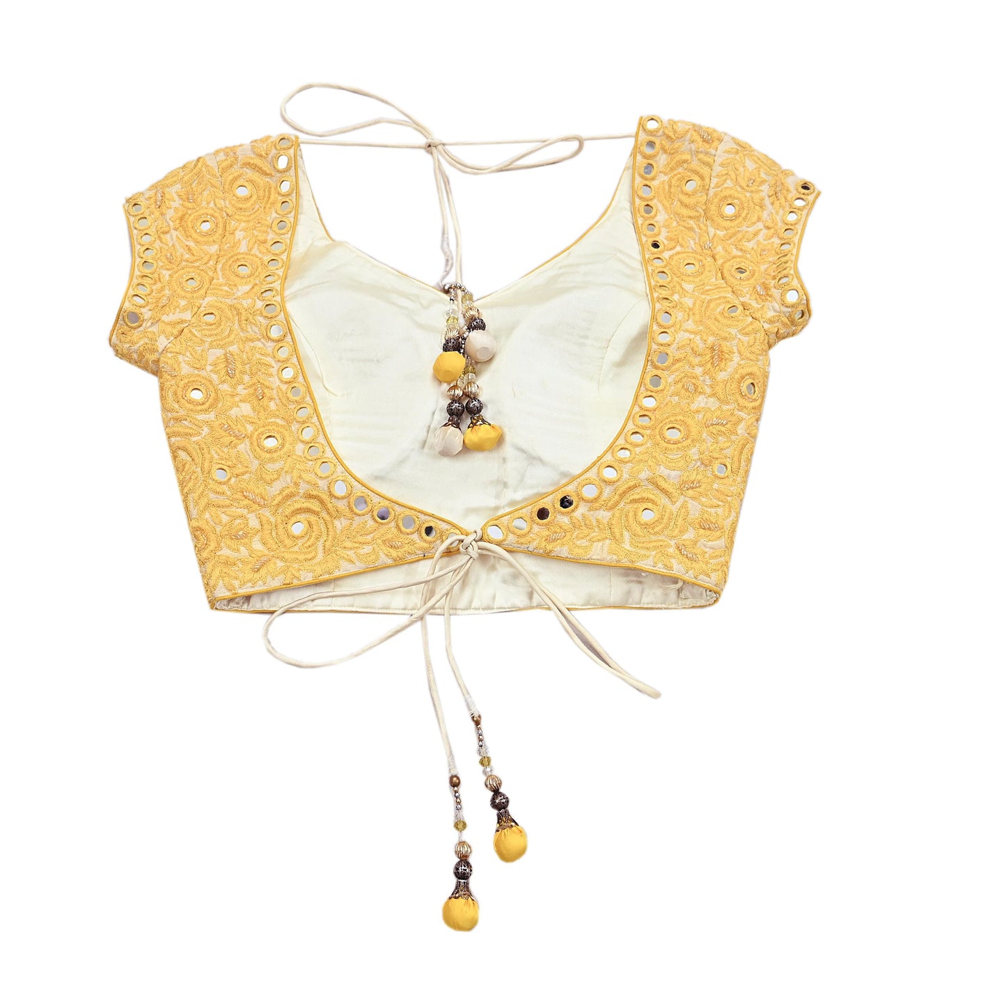 Indian Pre-owned Yellow & Ivory Raw Silk Hand Embroidered By Designer Abu Jani Blouse/Top/Crop 34 M Size Party wear Bollywood