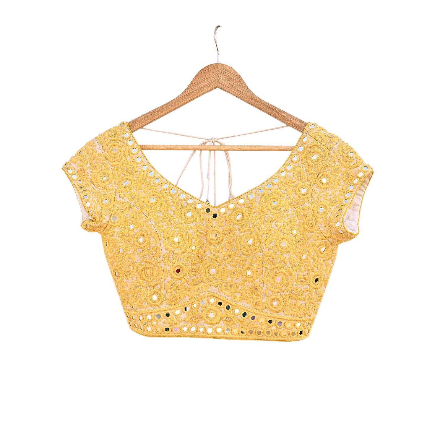 Indian Pre-owned Yellow & Ivory Raw Silk Hand Embroidered By Designer Abu Jani Blouse/Top/Crop 34 M Size Party wear Bollywood