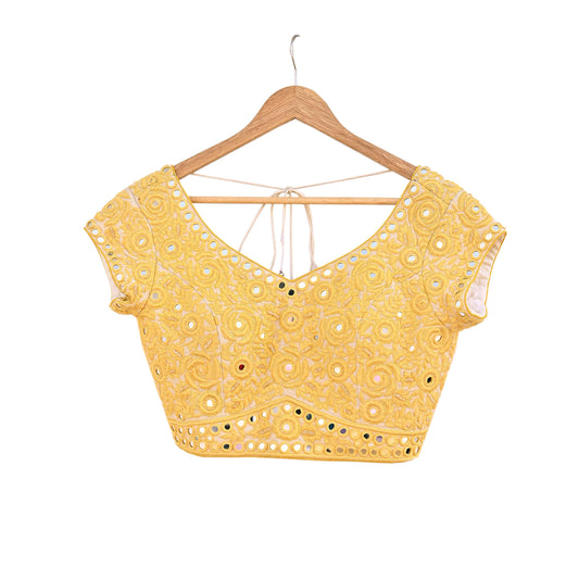 Indian Pre-owned Yellow & Ivory Raw Silk Hand Embroidered By Designer Abu Jani Blouse/Top/Crop 34 M Size Party wear Bollywood