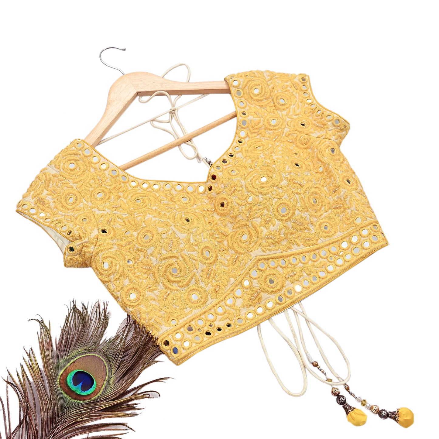 Indian Pre-owned Yellow & Ivory Raw Silk Hand Embroidered By Designer Abu Jani Blouse/Top/Crop 34 M Size Party wear Bollywood
