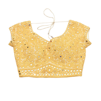 Indian Pre-owned Yellow & Ivory Raw Silk Hand Embroidered By Designer Abu Jani Blouse/Top/Crop 34 M Size Party wear Bollywood