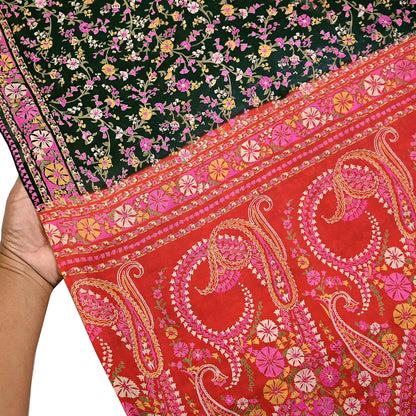 Indian Vintage Red & Black Pure Silk Printed Saree 5 Yards Soft Floral Fabric for Dressmaking, Quilting, Crafting, Sewing, Dress Making