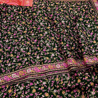 Indian Vintage Red & Black Pure Silk Printed Saree 5 Yards Soft Floral Fabric for Dressmaking, Quilting, Crafting, Sewing, Dress Making