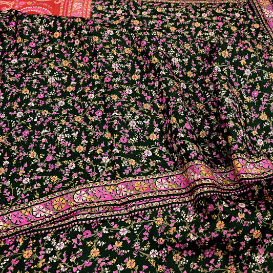 Indian Vintage Red & Black Pure Silk Printed Saree 5 Yards Soft Floral Fabric for Dressmaking, Quilting, Crafting, Sewing, Dress Making