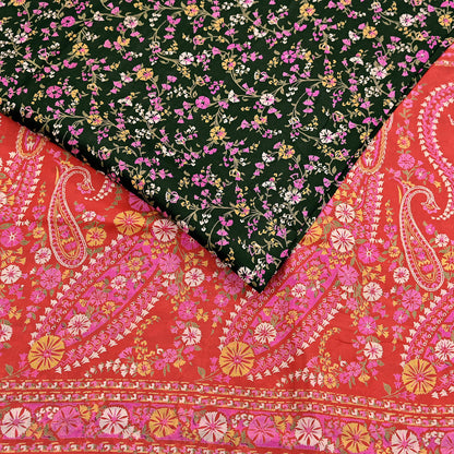 Indian Vintage Red & Black Pure Silk Printed Saree 5 Yards Soft Floral Fabric for Dressmaking, Quilting, Crafting, Sewing, Dress Making