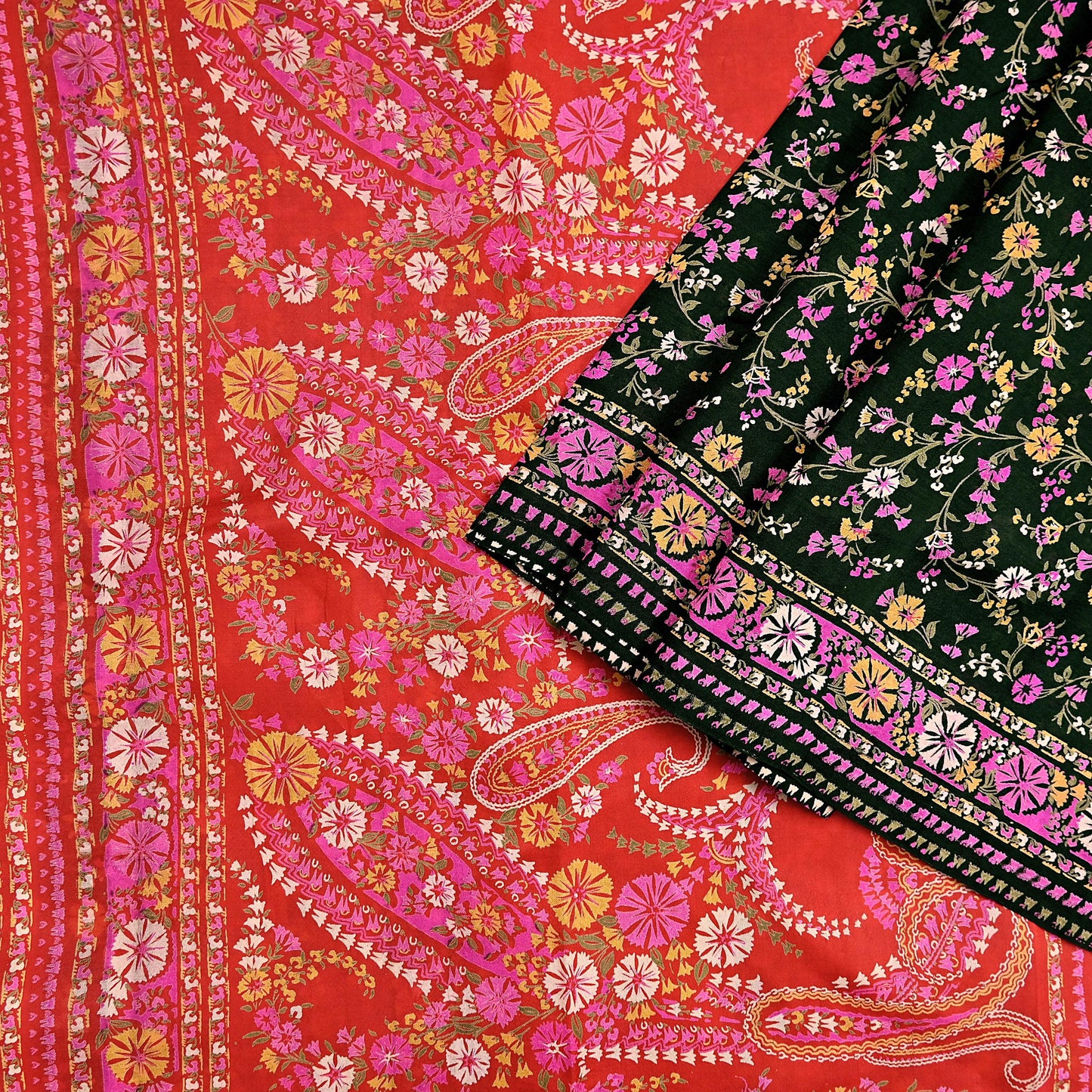 Indian Vintage Red & Black Pure Silk Printed Saree 5 Yards Soft Floral Fabric for Dressmaking, Quilting, Crafting, Sewing, Dress Making