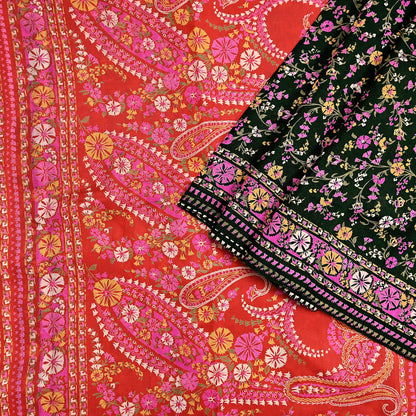 Indian Vintage Red & Black Pure Silk Printed Saree 5 Yards Soft Floral Fabric for Dressmaking, Quilting, Crafting, Sewing, Dress Making