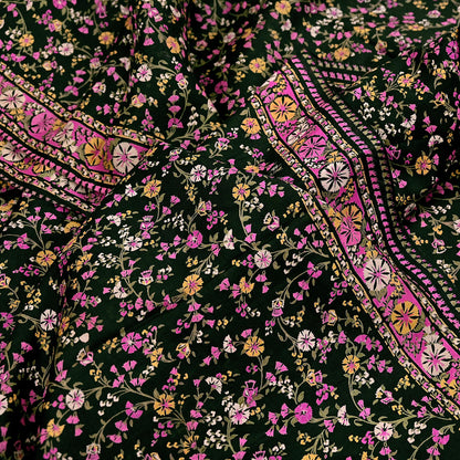 Indian Vintage Red & Black Pure Silk Printed Saree 5 Yards Soft Floral Fabric for Dressmaking, Quilting, Crafting, Sewing, Dress Making