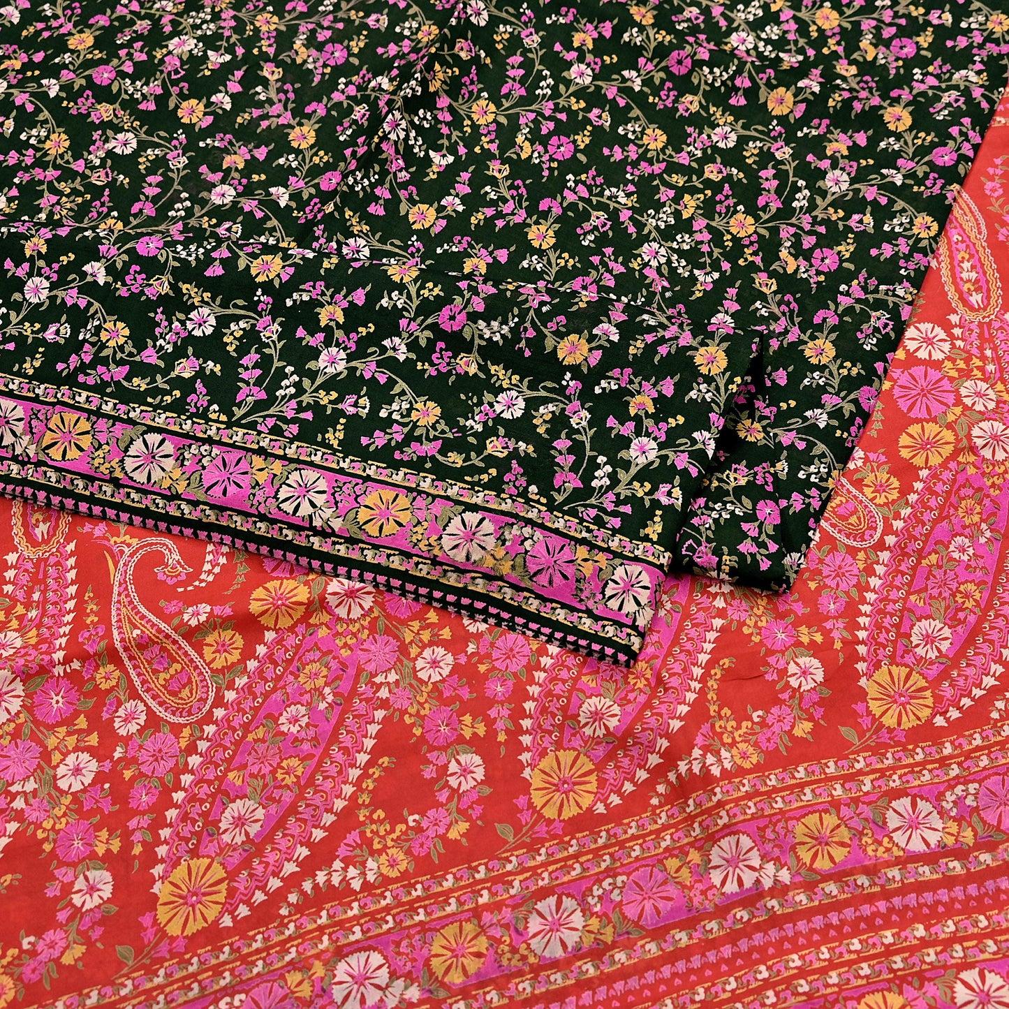 Indian Vintage Red & Black Pure Silk Printed Saree 5 Yards Soft Floral Fabric for Dressmaking, Quilting, Crafting, Sewing, Dress Making