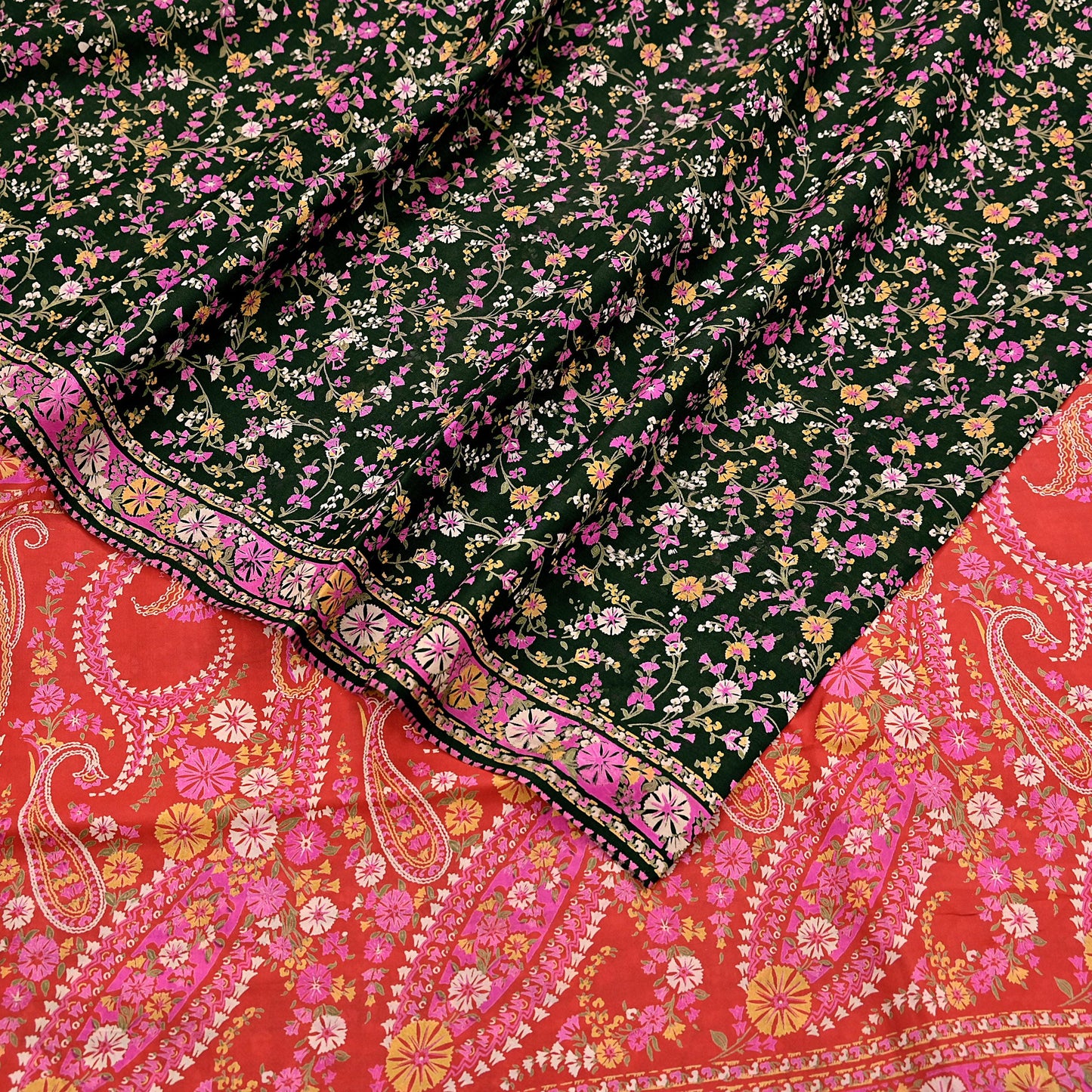 Indian Vintage Red & Black Pure Silk Printed Saree 5 Yards Soft Floral Fabric for Dressmaking, Quilting, Crafting, Sewing, Dress Making