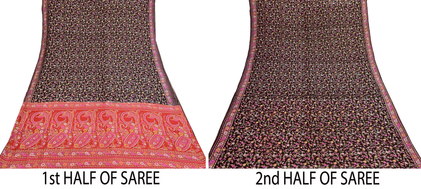 Indian Vintage Red & Black Pure Silk Printed Saree 5 Yards Soft Floral Fabric for Dressmaking, Quilting, Crafting, Sewing, Dress Making