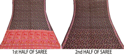 Indian Vintage Red & Black Pure Silk Printed Saree 5 Yards Soft Floral Fabric for Dressmaking, Quilting, Crafting, Sewing, Dress Making