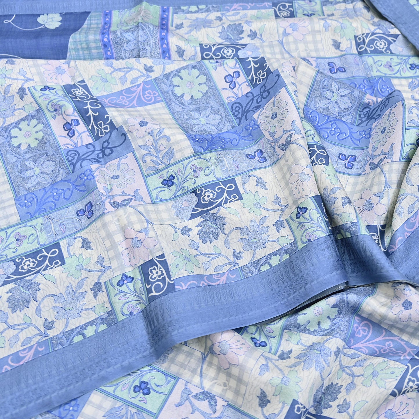 Indian Vintage Sari Gray & Blue Pure Silk Printed Saree 5yd Craft Fabric Sewing Floral Soft Dress Making Wrap used Quilting Crafting Upcycle