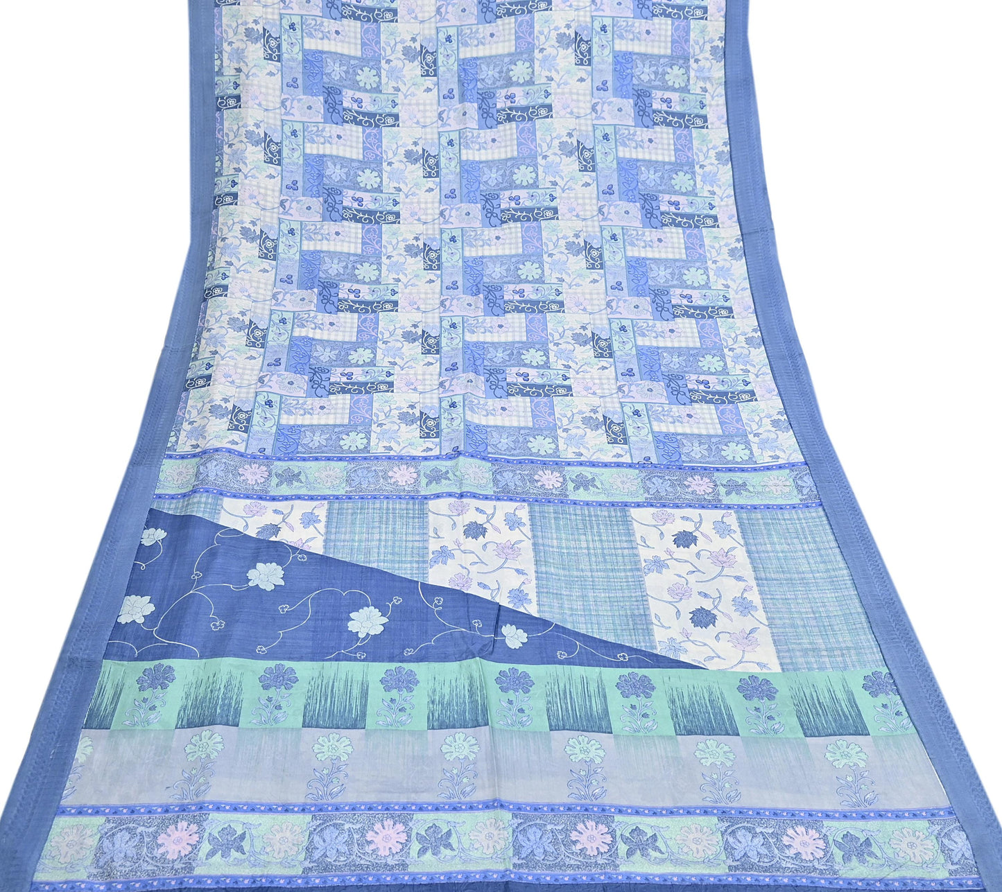 Indian Vintage Sari Gray & Blue Pure Silk Printed Saree 5yd Craft Fabric Sewing Floral Soft Dress Making Wrap used Quilting Crafting Upcycle