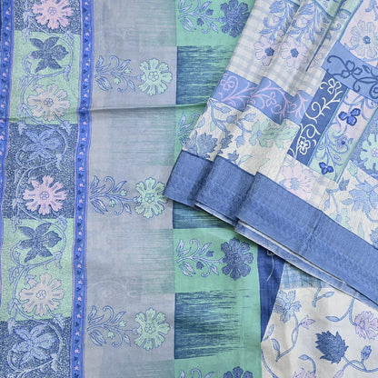 Indian Vintage Sari Gray & Blue Pure Silk Printed Saree 5yd Craft Fabric Sewing Floral Soft Dress Making Wrap used Quilting Crafting Upcycle